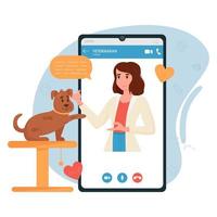 veterinärläkarbesök. online veterinärkonsultation. husdjursvård, djurmedicinsk diagnos, mobilapplikation. platt vektorillustration vektor