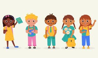 uppsättning skolbarn med skolmaterial. barn med ryggsäck och bok. färgglada seriefigurer. platt vektorillustration. vektor