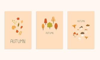 Herbststimmung Grußkarte Poster Vorlage. willkommene Erntedankeinladung für die Herbstsaison. minimalistische postkarte naturblätter, bäume, kürbisse, abstrakte formen. vektorillustration im flachen karikaturstil vektor