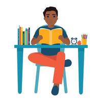 zurück zur Schule. Lesebuch des afrikanischen Jungen. junge, der mit einem buch studiert. Vektor-Illustration. Mann sitzt am Tisch vektor