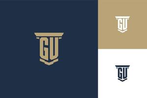 gu monogram initialer logotyp design med pelare ikon. advokatlogotypdesign vektor