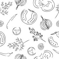 ein Gemüsemuster. nahtlose handgezeichnete Doodle-Zeichnung. Hintergrundillustration, Postkarten, Poster, Banner, Textildrucke, Cover, Webdesign. gesund essen. Vektorsymbole. vektor