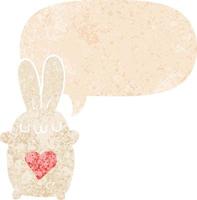 süßes Cartoon-Kaninchen mit Liebesherz und Sprechblase im strukturierten Retro-Stil vektor