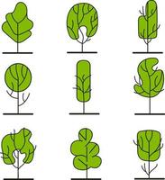 einfache frontale Bäume. Entourage-Design. verschiedene Bäume, Büsche und Sträucher. vektor
