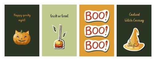 satz halloween-karten mit kürbis, karamellapfel, marshmallow, katze und hexenhut. 31. oktober. perfekt für poster, umschläge oder postkarten. vektor