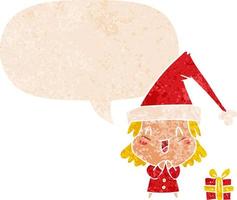 Cartoon-Mädchen mit Weihnachtsmütze und Sprechblase im strukturierten Retro-Stil vektor