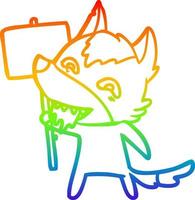 Regenbogengradientenlinie Zeichnung Cartoon hungriger Wolf mit Wegweiser vektor