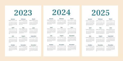 enkel kalender 2023, 2024,2025 set. vertikalt ett ark med alla månader. veckan börjar på söndag. a4 a3 a2 a5. vektor minimalistisk design