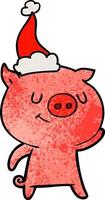 glad texturerad tecknad film av en gris som bär tomtehatt vektor