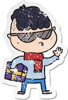 beunruhigter Aufkleber eines Cartoon-Jungen mit Sonnenbrille und Weihnachtsgeschenk vektor