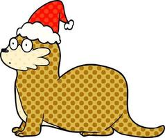 Comic-Stil-Illustration eines Otters mit Weihnachtsmütze vektor