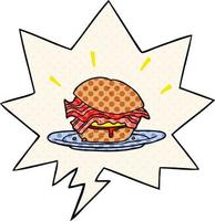 Cartoon erstaunlich leckeres Speck-Frühstücks-Sandwich und Käse und Sprechblase im Comic-Stil vektor