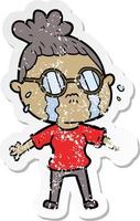 Distressed-Sticker einer weinenden Cartoon-Frau mit Brille vektor