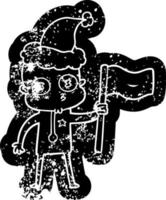 Cartoon verzweifelte Ikone eines seltsamen glatzköpfigen Raumfahrers mit Flagge und Weihnachtsmütze vektor