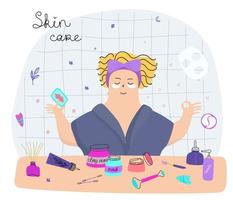 Ein Mädchen kümmert sich um ihr Gesicht. dosaniy Hautpflege. Hautpflegeprodukte, Gesichtsmassage, Verjüngung. vektor