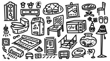 Innen- und Möbel-Icon-Set handgezeichnete Doodle-Cartoon-Umriss-Vektor-Illustration-Sammlung vektor