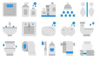 Reihe von Vektorsymbolen im Zusammenhang mit Badezimmer. Enthält Symbole wie Waage, Shampoo, Dusche, Waschbecken, Seife, Toilette und mehr. vektor