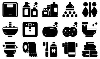 Reihe von Vektorsymbolen im Zusammenhang mit Badezimmer. Enthält Symbole wie Waage, Shampoo, Dusche, Waschbecken, Seife, Toilette und mehr.