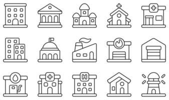 Reihe von Vektorsymbolen im Zusammenhang mit Gebäuden. enthält Symbole wie Wohnung, Bank, Schloss, Kirche, Klinik, Eigentumswohnung und mehr. vektor