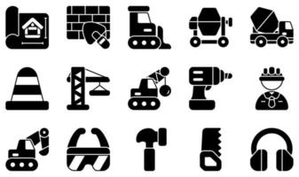 Reihe von Vektorsymbolen im Zusammenhang mit dem Bau. enthält Symbole wie Blaupause, Mauer, Bulldozer, Kran, Ingenieur, Bagger und mehr. vektor