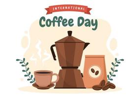 internationella kaffedagen den 1 oktober handritad platt tecknad filmillustration med kakaobönor och ett glas varm dryck design vektor