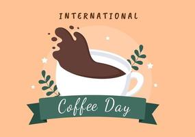 internationaler kaffeetag am 1. oktober handgezeichnete cartoon flache illustration mit kakaobohnen und einem glas heißgetränk design vektor