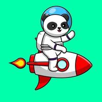 niedlicher panda-astronaut, der rakete reitet und handkarikatur-vektorsymbolillustration winkt. flaches karikaturkonzept der tiertechnologie vektor