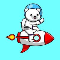 niedlicher eisbär-astronaut, der rakete reitet und handcartoon-vektorsymbolillustration winkt. flaches karikaturkonzept der tiertechnologie vektor