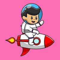 niedlicher junge astronaut, der rakete reitet und handkarikatur-vektorsymbolillustration winkt. leute technologie flaches karikaturkonzept vektor