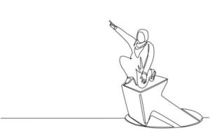 kontinuierliche eine strichzeichnung arabische geschäftsfrau, die auf pfeilen steht, die aus löchern kommen. Frau führendes Finanzdiagramm, das aus dem Loch steigt. Geschäftswachstum. einzeiliges zeichnen design vektorillustration vektor