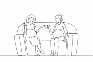 singel en rad ritning två flickor sitter på soffan. de dricker te, pratar, delar hemligheter. vänner, grannar, unga damer. mysig kväll med varm dryck. kontinuerlig linje rita design grafisk vektor