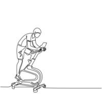 Einzelner Strichzeichnungsmann, der Cardio macht. stationäres Fahrrad. Spinning-Übung. junger mann, der zu hause routineübungen mit einem statischen fahrrad macht. moderne grafische vektorillustration des ununterbrochenen zeichnendesigns vektor