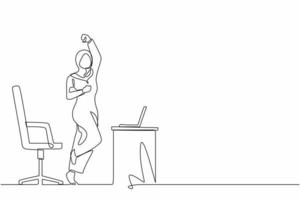 einzelne linie, die eine glückliche arabische geschäftsfrau zeichnet, die an ihrem arbeitsplatz springt und tanzt. weiblicher Manager, der den Erfolg der Steigerung der Produktverkäufe des Unternehmens feiert. grafischer Vektor des durchgehenden Liniendesigns