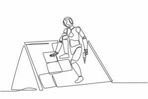 kontinuierliche einzeilige zeichnung roboter dachdecker, der holz- oder bitumenschindeln installiert. humanoider Roboter kybernetischer Organismus. zukünftige Entwicklung der Robotik. einzeiliges zeichnen design vektorgrafik illustration