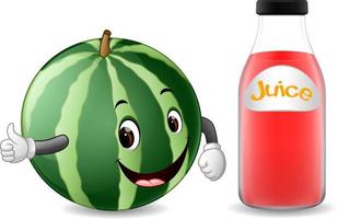 Flasche Wassermelonensaft mit niedlichem Wassermelonen-Cartoon vektor