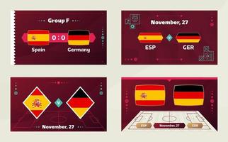 Spanien vs Tyskland, fotboll 2022, grupp f. världsfotbollstävling mästerskap match kontra lag intro sport bakgrund, mästerskap konkurrens sista affisch, vektorillustration. vektor