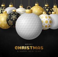 Golf-Weihnachtsverkaufsbanner. frohe weihnachten sportgrußkartenset. Hängen Sie an einem Thread-Golfball als Weihnachtskugel und goldener Christbaumkugel auf schwarzem horizontalem Hintergrund. Sport-Vektor-Illustration.