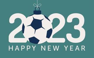 2023 Fußball frohes neues Jahr. sportgrußkarte mit fußball und fußballball auf dem flachen sternhintergrund. Vektor-Illustration. vektor