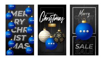 chatt julkort. god jul prata talar gratulationskort set. hänga på en tråd blå chattbubbla som en julkula på svart bakgrund. kommunikation vektor illustration.