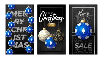 Casino-Poker-Weihnachtskarten-Set. frohe weihnachten sport grußkarte. hängen Sie an einem Thread Casino Poker Blue Chip als Weihnachtskugel und goldener Christbaumkugel auf schwarzem Hintergrund vektor