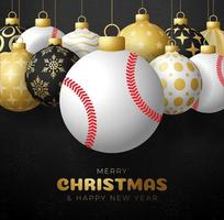 god jul och gott nytt år lyxiga sport gratulationskort. baseballboll som en julboll på svart bakgrund. vektor illustration.