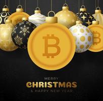 Frohe Weihnachten Gold-Bitcoin-Symbol-Banner. Bitcoin-Zeichen als Weihnachtskugel Kugel hängende Grußkarte. Vektorgrafik für Weihnachten, Finanzen, Neujahr, Bankwesen, Geld vektor