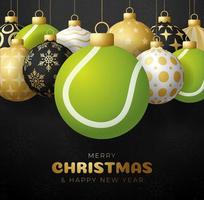 Frohe Weihnachten und ein frohes neues Jahr Luxus Sport Grußkarte. Tennisball als Weihnachtsball auf schwarzem Hintergrund. Vektorillustration.