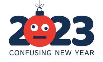 grußkarte für das neue jahr 2023 mit verwirrtem emoji-gesicht, das wie ein weihnachtsspielzeug, eine kugel oder eine kugel am faden hängt. neujahr emotion konzept vektorillustration vektor