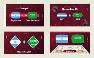 Argentinien gegen Saudi-Arabien, Fußball 2022, Gruppe c. Weltfußball-Meisterschaftsspiel gegen Team-Intro-Sporthintergrund, Endplakat des Meisterschaftswettbewerbs, Vektorillustration. vektor