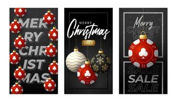 Casino-Poker-Weihnachtskarten-Set. frohe weihnachten sport grußkarte. hängen Sie an einem Thread Casino Poker Red Chip als Weihnachtskugel und goldene Kugel auf schwarzem Hintergrund vektor