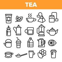 gesetzter Vektor des Tee-Liniensymbols. Design von Restaurantetiketten. Symbole für Teegetränke. traditionelles Tassenpiktogramm. dünne Umriss-Web-Illustration