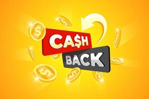 cashback lojalitetsprogram banner koncept. cash back service efter köp promo skylt med returnerade guldmynt på gul bakgrund. reklam för pengar eller bonusåterbetalning. ekonomisk betalningsetikett. vektor