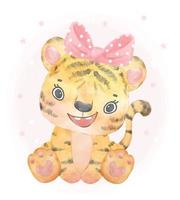 niedliches süßes Baby-Tiger-Mädchen sitzend, Tierkindergarten-Aquarell-Handzeichnungs-Illustrationsvektor vektor