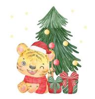 niedliche fröhliche baby tiger sitzen mit weihnachtskiefer und geschenkboxen aquarell handzeichnung illustration vektor